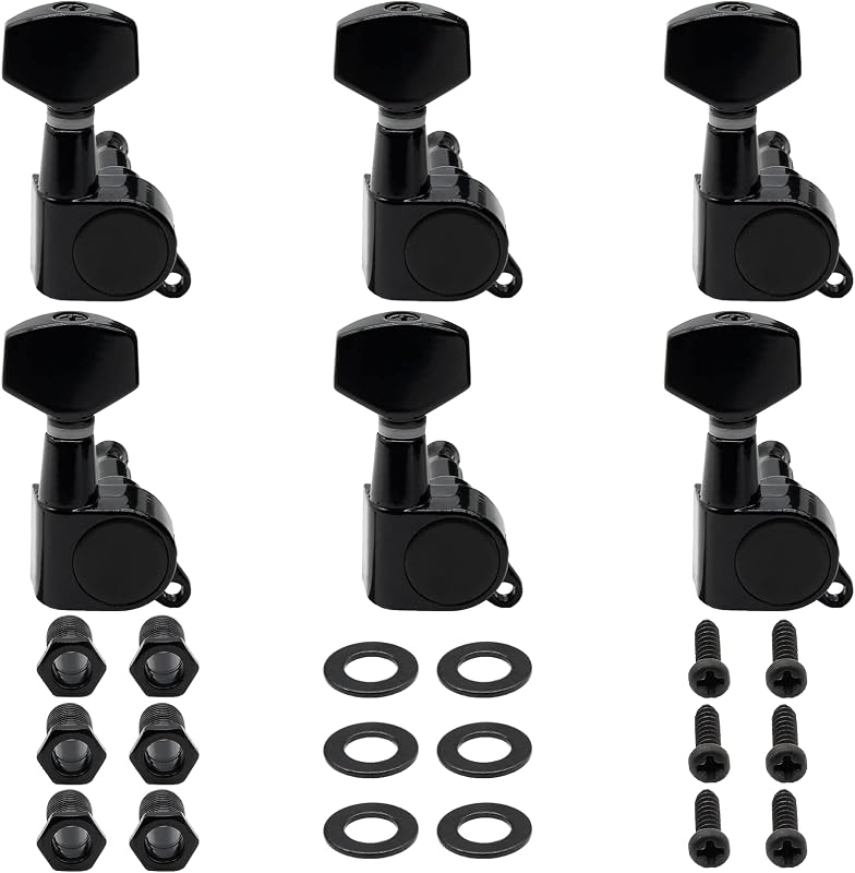 6 Right Hand Guitar Tuning Pegs, Sealed Machine Heads (Black) | Sealed Housing 45° Fixing, Precise Gear Ratio, Fits 10mm Holes, Hardware Included, for Electric Or Acoustic Guitar
