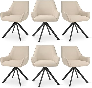 Swivel Dining Chairs Set of 6, 360  Swivel Kitchen Chair for Living Room with Armrests, Upholstered, Metal Leg, Beige