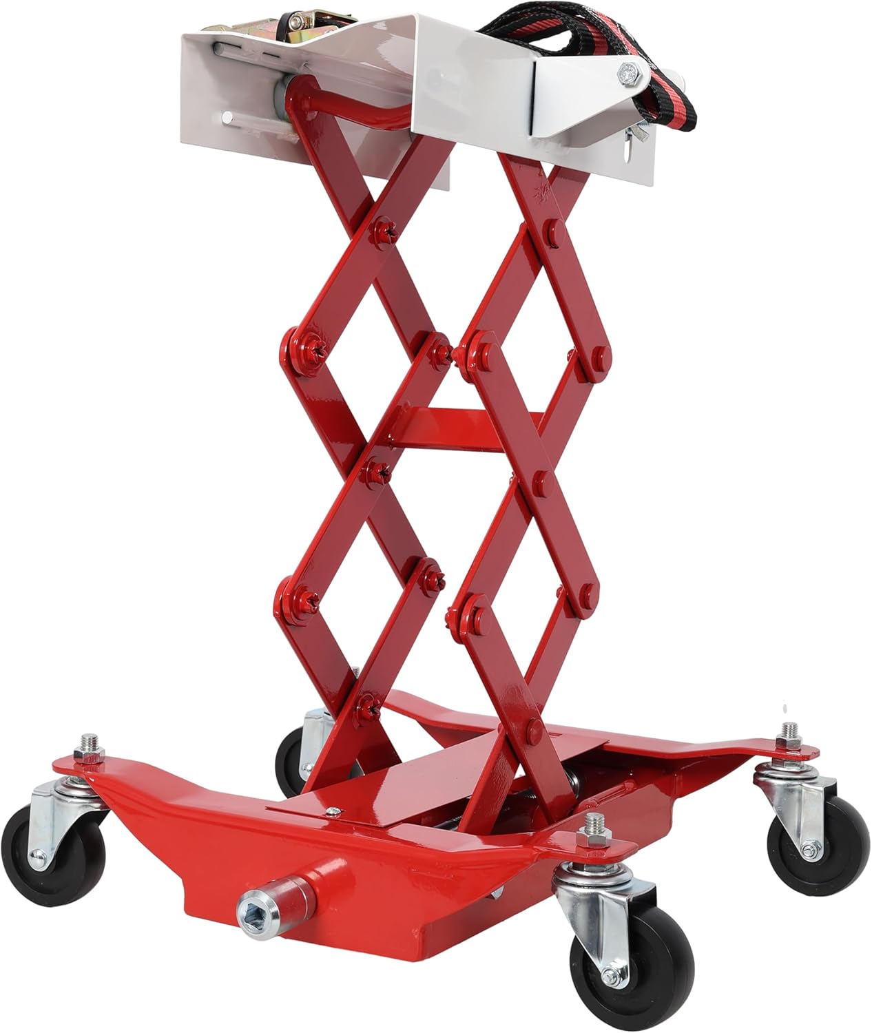 450 Lbs Capacity Low Lift Transmission Jack – Heavy-Duty Steel Workbench for Transmissions & Gas Tanks, Adjustable Saddle, 4 Swivel Casters, Nylon Safety Strap – Red