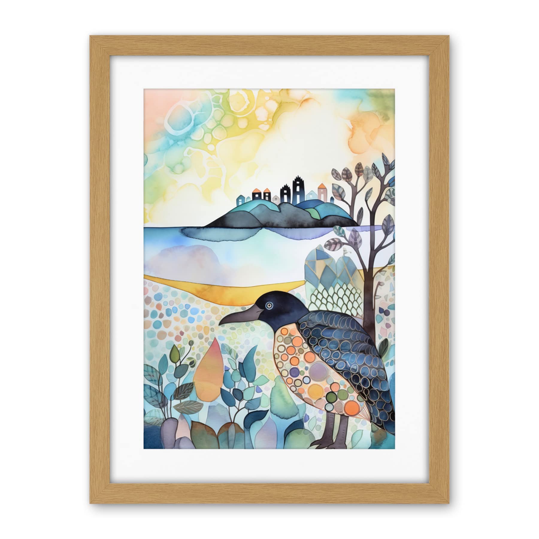 Artery8 Coastal Island Wildlife Folk Art Watercolour Painting Artwork Framed Wall Art Print 18X24 Inch