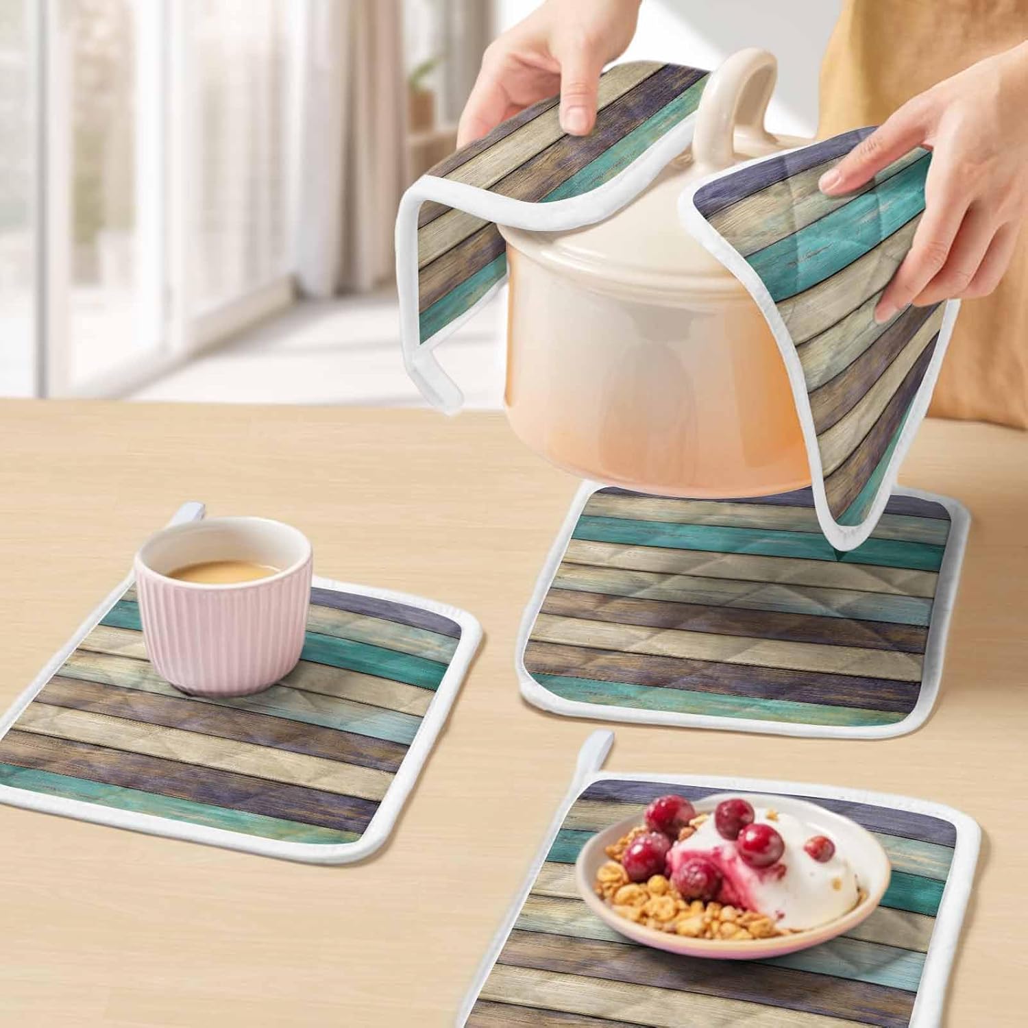 Pot Holder Set of 5 Farmhouse Retro Wood Board Potholder Heat Proof Non Slip Pot Holders, Gradient Wooden Hot Pads Potholders for Kitchen Cooking Baking BBQ
