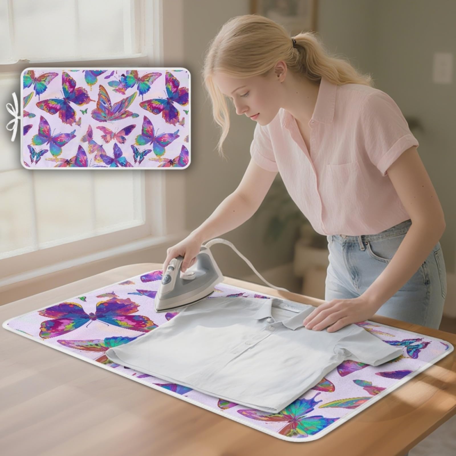 Bügelmatte Grün Lila Schmetterling Bügeleinlage Faltbares Hitzebeständig Waschbar Bügelauflage für Tisch und andere Oberflächen Bügelbrett Unterlage rutschfeste Bügeldecke 80x50cm (2 Stück)