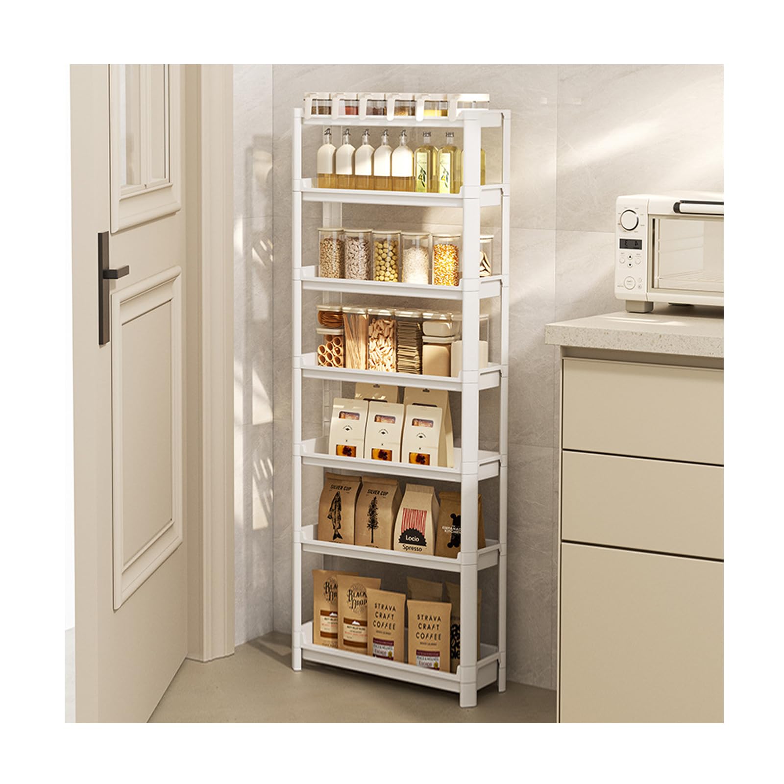 Estantería estrecha para baño y cocina compacta que soluciona la falta de espacio