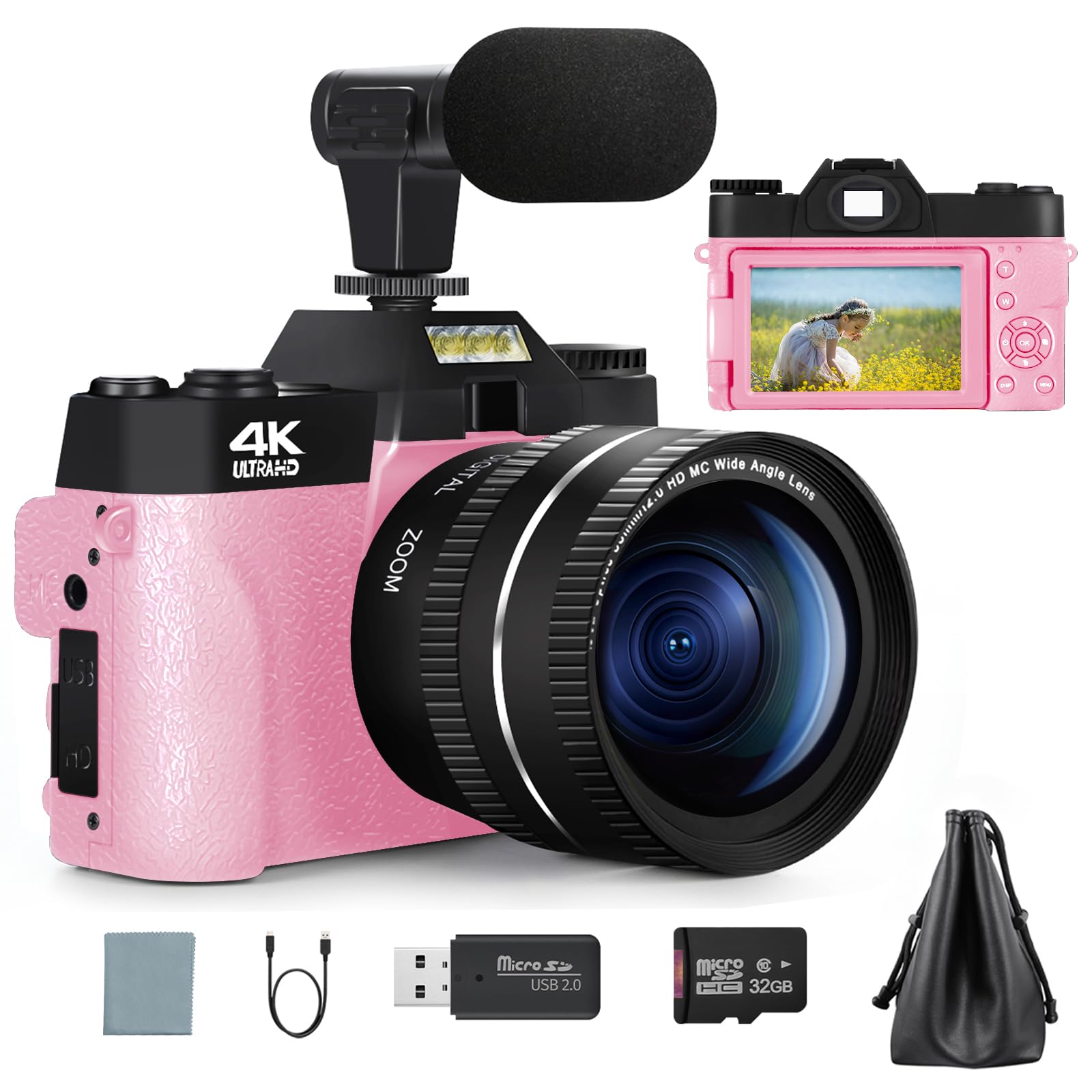 G-Anica Cámara de fotos digital, cámara de vídeo 4K 48mp, cámara vlogging Zoom digital Youtube 16x, cámara de viaje con tarjeta SD de 32 GB y lente Macro Gran Angular (Pink)