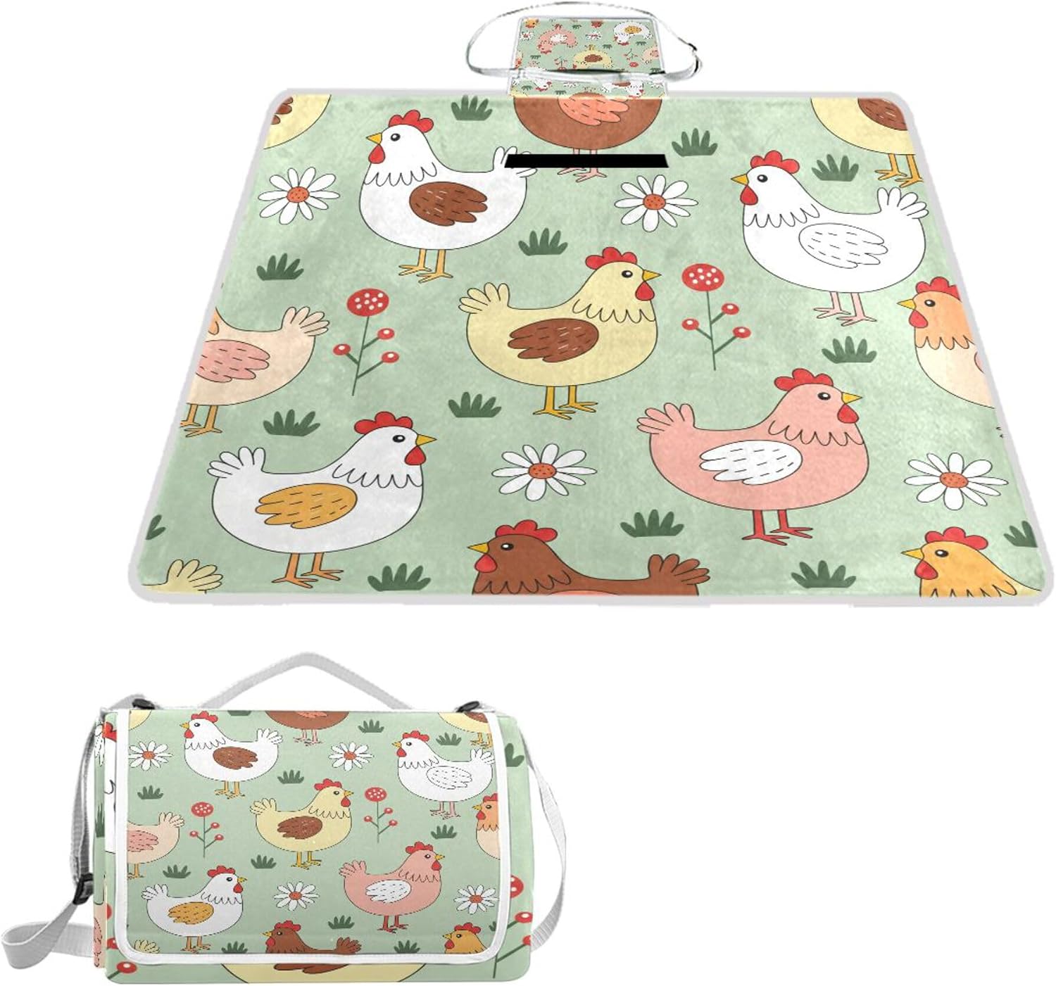 MNSRUU Picnic Blanket Waterproof Foldable, Cute Domestic Chicken Family Farm Large Outdoor Picnic Beach Camping Blanket Travel Mat, Shoulder Strap Tote, Rectangle 57x59in