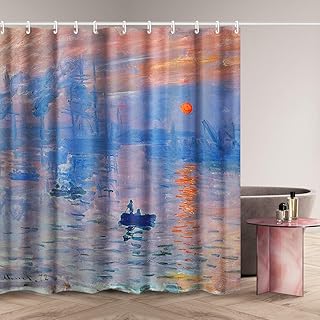 INVIN ART Bathroom Shower Curtain Set with Hooks,Impression Sunrise by Claude Monet,Home Art Paintings Pictures for Bathroom