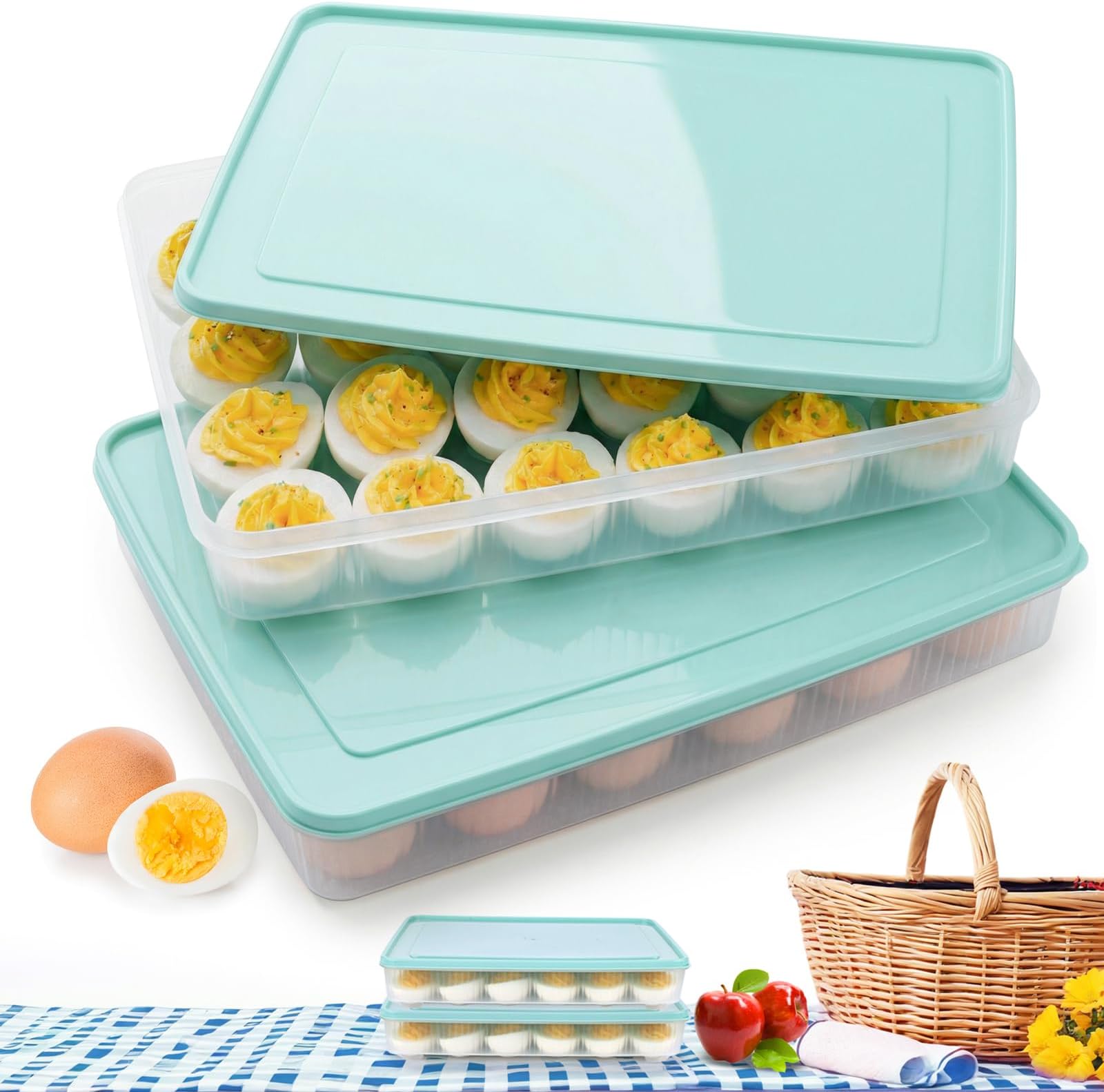 HAKSEN Deviled Egg Containers with Lid, (Set of 2), Deviled Egg Holder Tray Carrier for Refrigerator with 48 Holes, Fridge Stackable Kitchen Portable Countertop Storage