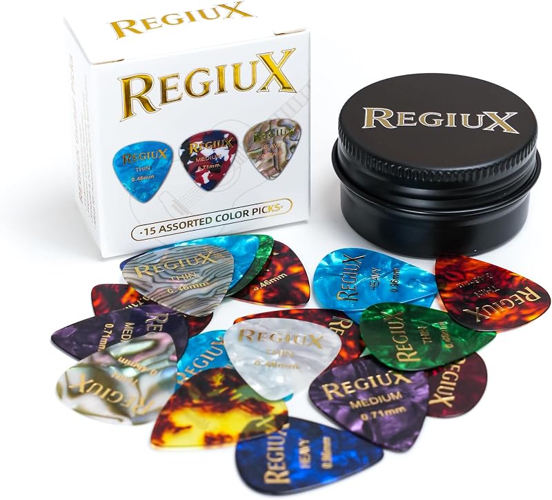 Selecciones de guitarra premium, paquete de 15, colores variados con lata de aluminio, calibres pesado, medio y delgado