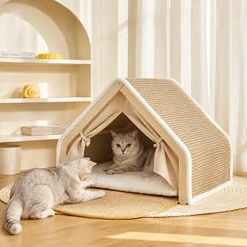 Large Wood Cat House for Indoor Cats - Cute Cat Tent Bed & Hideaway with Scratcher, Sturdy Wooden Cat Apartment & Fort for Sleeping and Playing