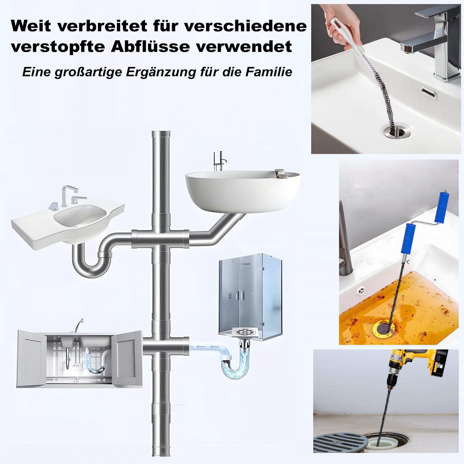 Pijpreinigingsspiraal, 8,5 meter, afvoerspiraal, afvoerspiraal, afvoerspiraal, afvoerreiniger, kanaalreiniger met booropzetstuk, ideale buisspiraal tegen verstopping, afvoer