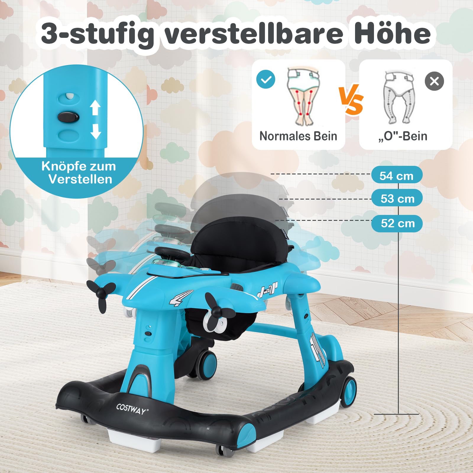 COSTWAY 6 w 1, wózek do nauki chodzenia, składany, z regulowaną wysokością i prędkością, motyw samolotu Baby Walker ze zdejmowaną pozytywką i tacą do jedzenia, bez chodzenia dla dzieci od 6 miesięcy