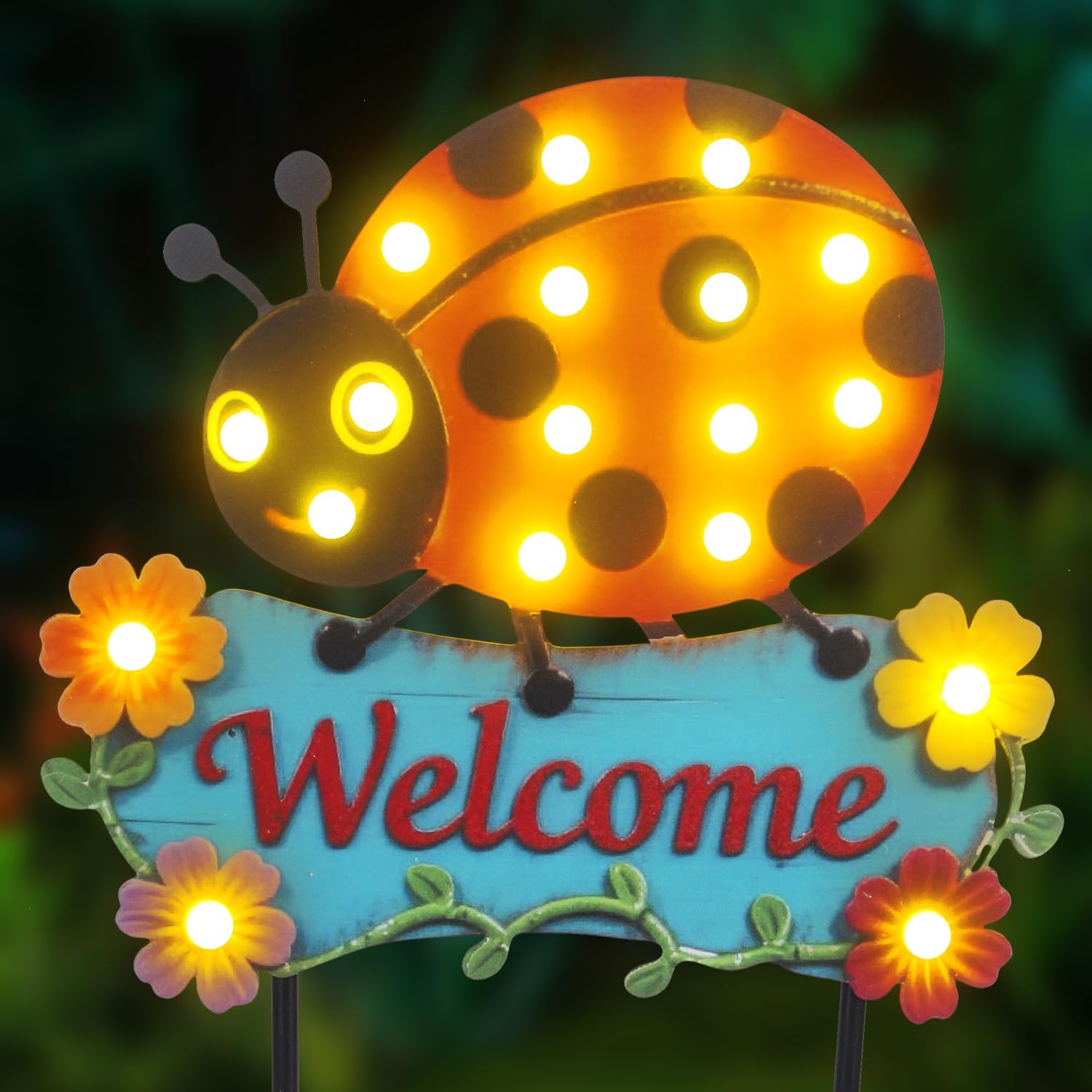 Garden Stakes Decorative 43.3inch with Large Metal Welcome Sign, Solar Pathway Lights Outdoor Waterproof with 18 String Bulbs for Spring and Summer Decor, Ladybug Lawn Ornaments