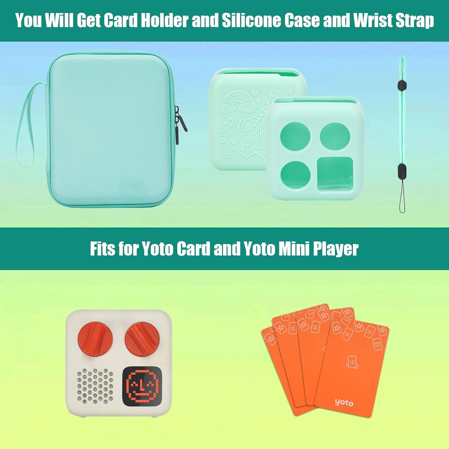 YouKnow Card Holder for Yoto Cards – Kids Accessory, Soft Portable Folder with Zipper & 96 Pockets Player & Mini Audiobook Cards, Card Binder Case with Yoto Mini Silicone Case for Travel (Green)