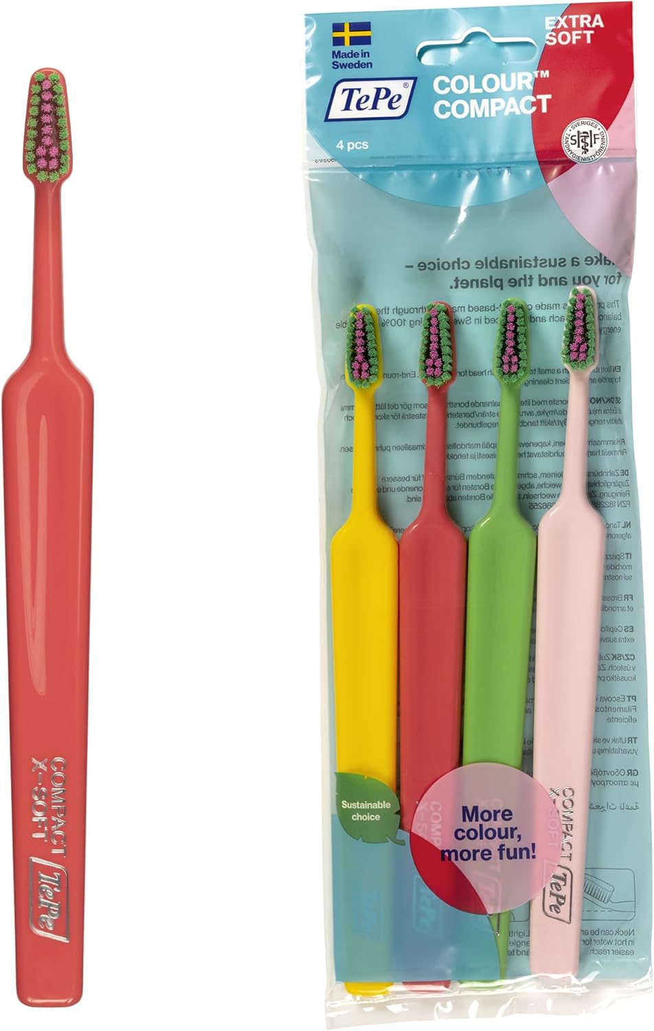 TePe Colour Compact Extrasoft-Bristle Toothbrush, Colorful Toothbrush with Tapered Head and Angled Neck, 4 Pack