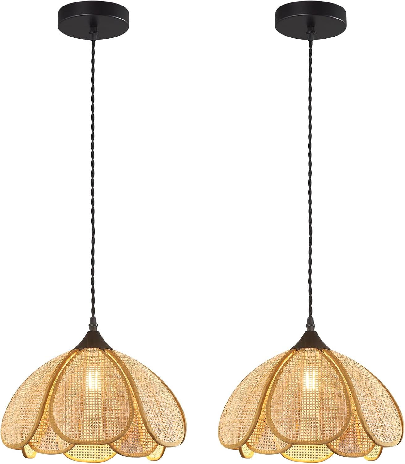 Boho Chandelier, Rustic Hemp Rope Pendant Lighting Hand-Woven Rattan Hanging Lamp Wicker Coastal Retro Pendant Light Fixtures for Kitchen Island Farmhouse Dining Room Bedroom(2-Pack)