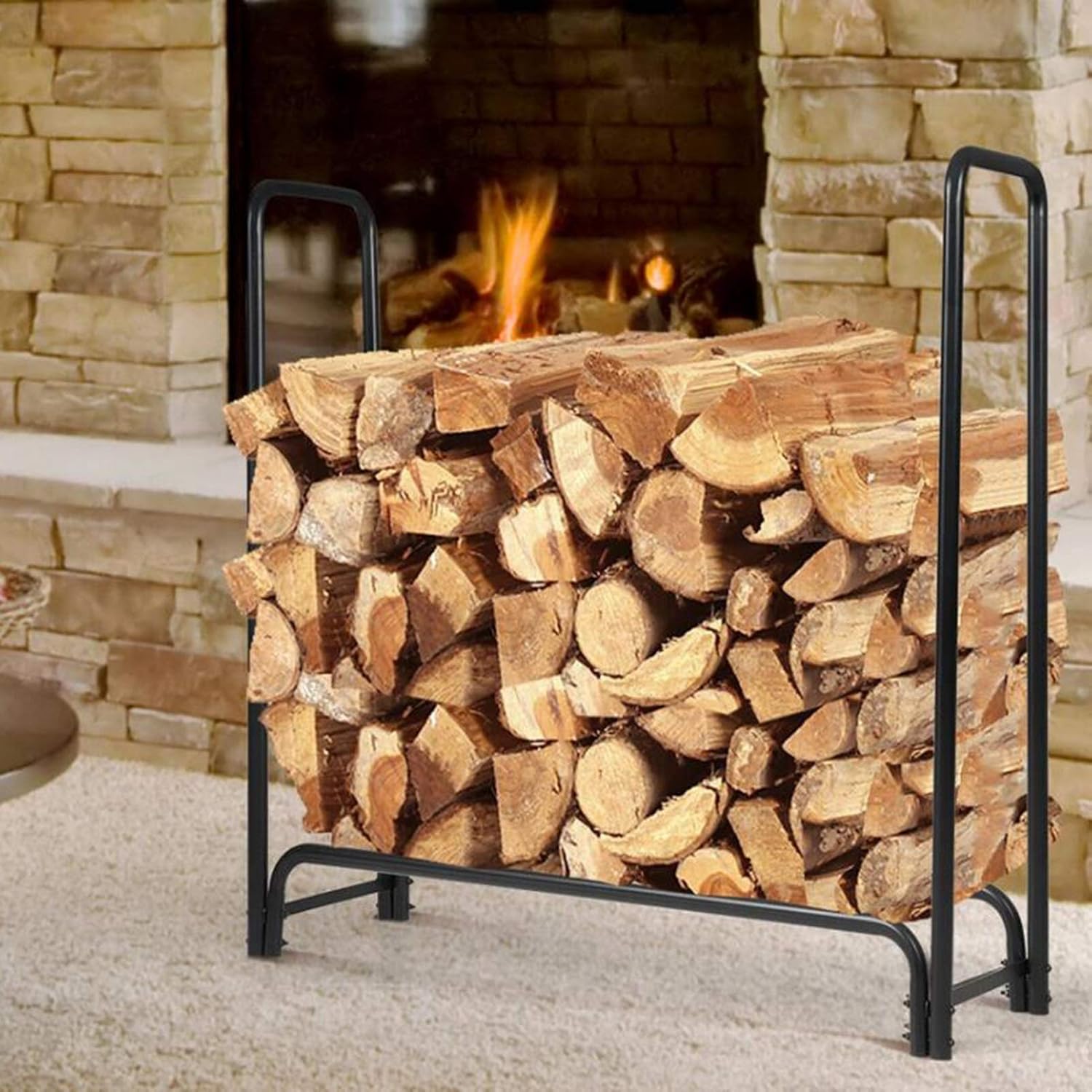 Spark Guard, Metal Log Rack Firewood Storage Holder Black Garden Outdoor Fireplace Firewood Holder Stand Rack Storage Shelf Firewood Storage Accessories?-H 123CM/45.4IN