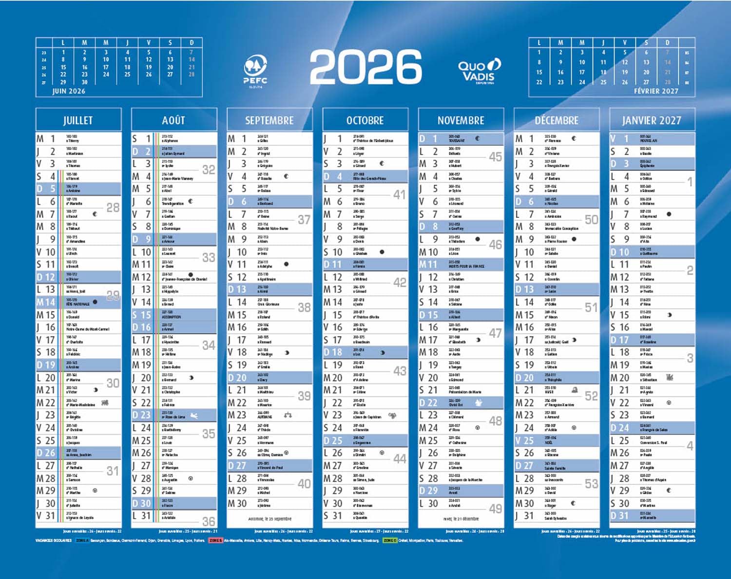 Calendrier De Banque Quo Vadis Bleu 43x34 cm Année 2026 Carton Rigide