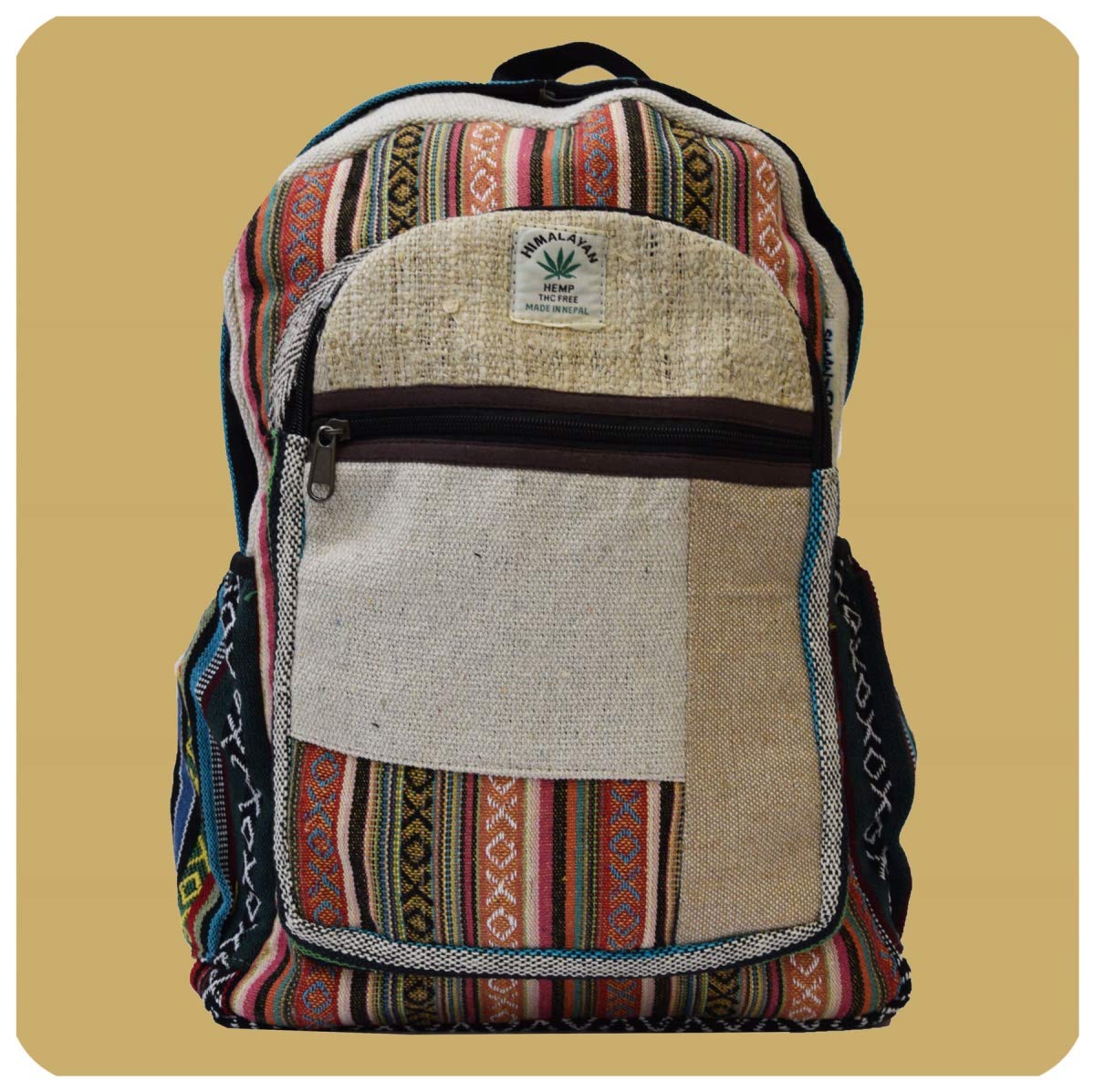 Simandra Ethno Hanf Zaino realizzato a mano in Nepal con molti scomparti, multicolore, 45 x 30 x 10cm