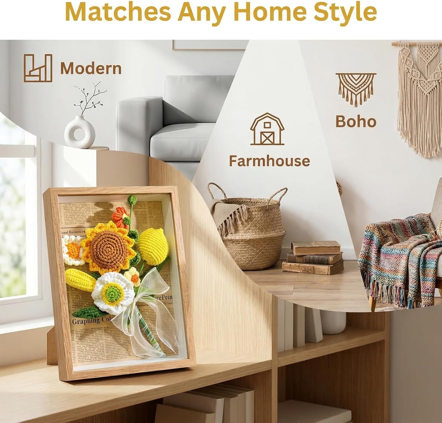 Handmade Knitted Flower Shadow Box Frame, 12x10 Inch Decorative Crochet Floral Wall Art, Sunflower and Daisies, Rustic Wood Frame Home Decor