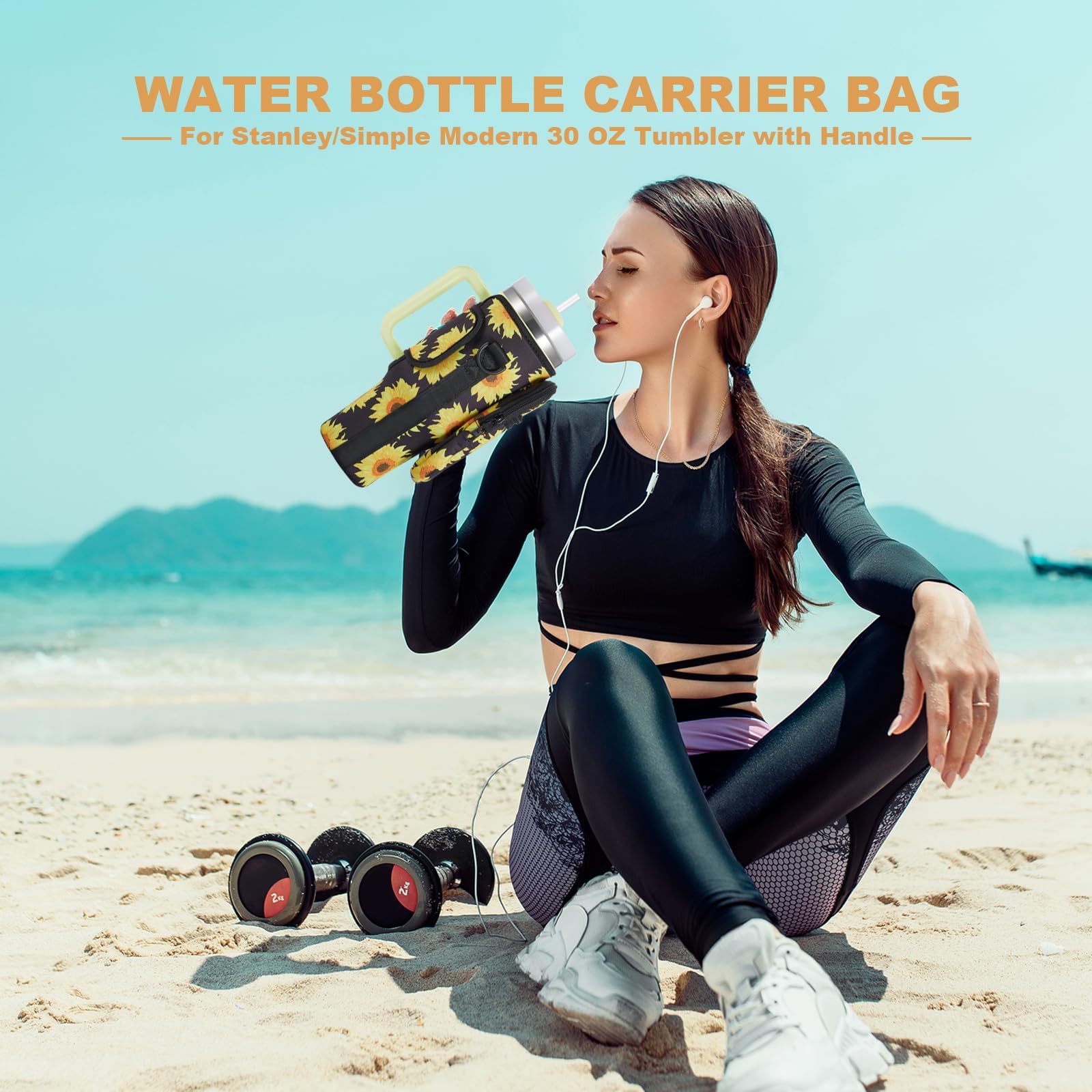 Water Bottle Carrier Bag with Phone Pocket for Stanley 40 & 30 oz Tumbler with Handle,Pink Insulated Neoprene Cup Holder Pouch w/Adjustable Strap for Quencher H2.0 Stanley Cup Accessories