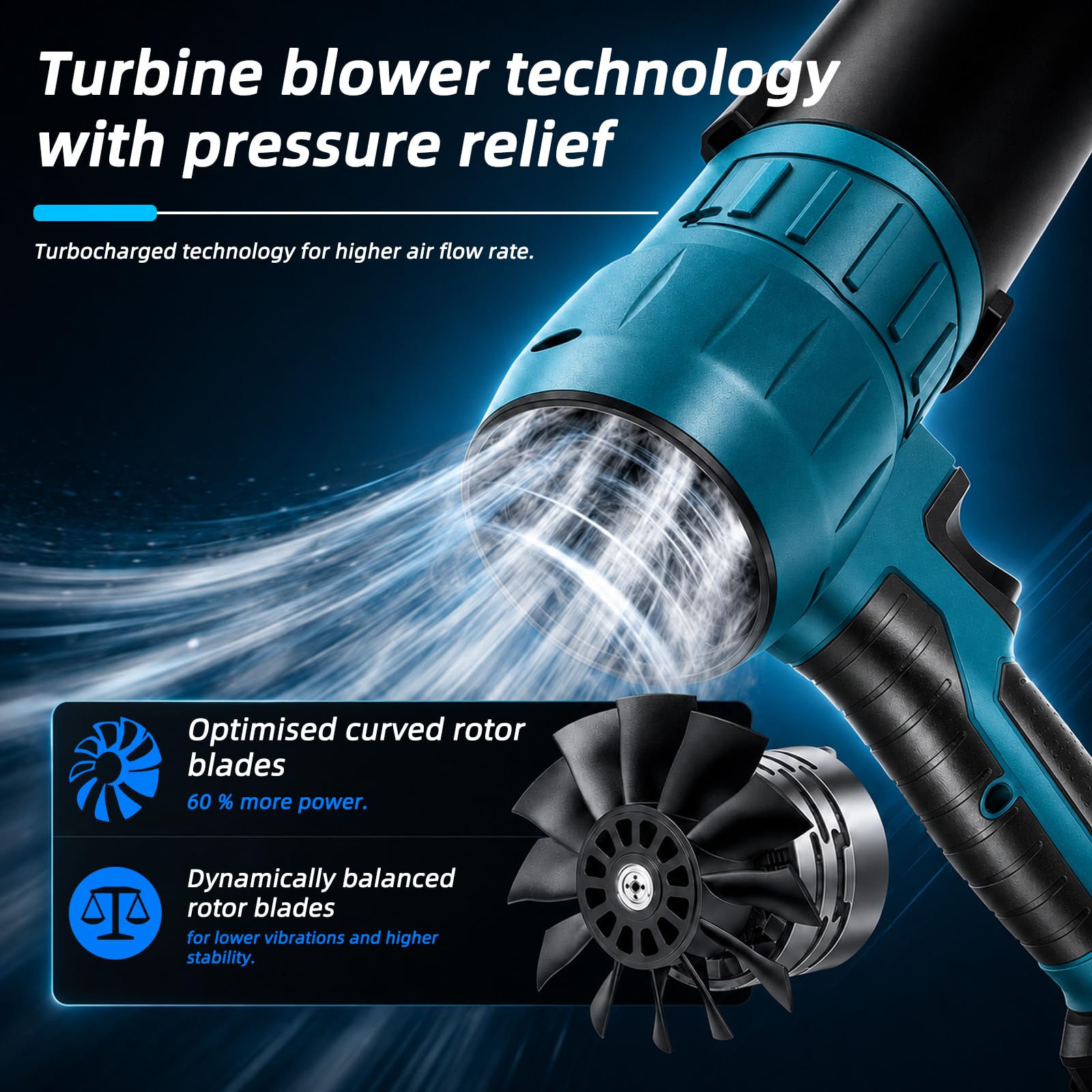 Akumulatorowa dmuchawa do liści, turbo, kompatybilna z Makita 18 V – 80000 obr./min, 60 m/s i 850 g – w zestawie 2 x akumulatory 2000 mAh, 3 dysze, niebieska (z akumulatorem)