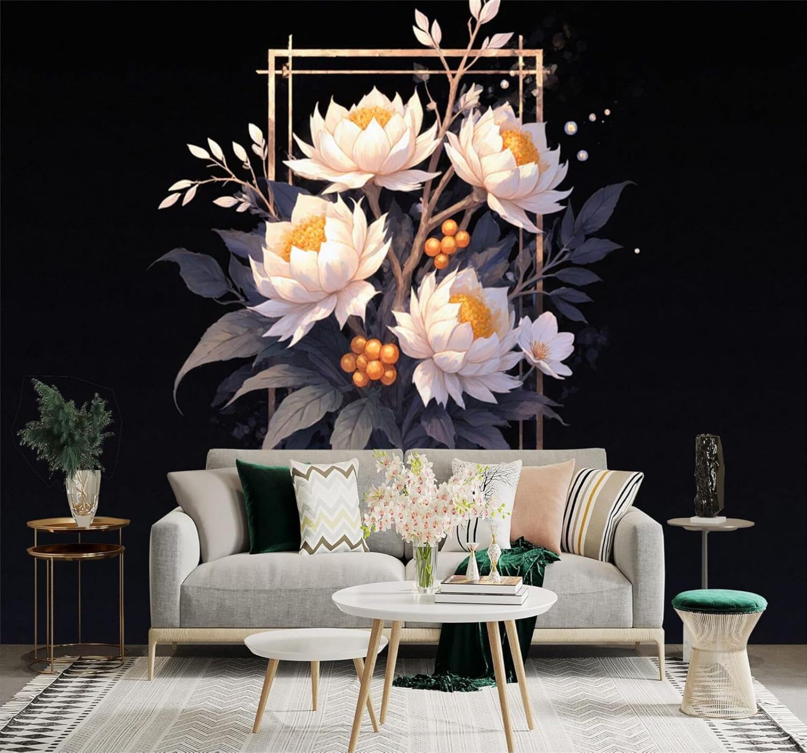 Xlming 200Cm×140Cm(B×H) Three Dimensional Beautiful White Lotus Gold Frame Dark Background 3D Wallpaper Premium Textured Silk Study Dining Living Room Bedroom Sofa Tv Wall Easy Install-200Cm×140Cm