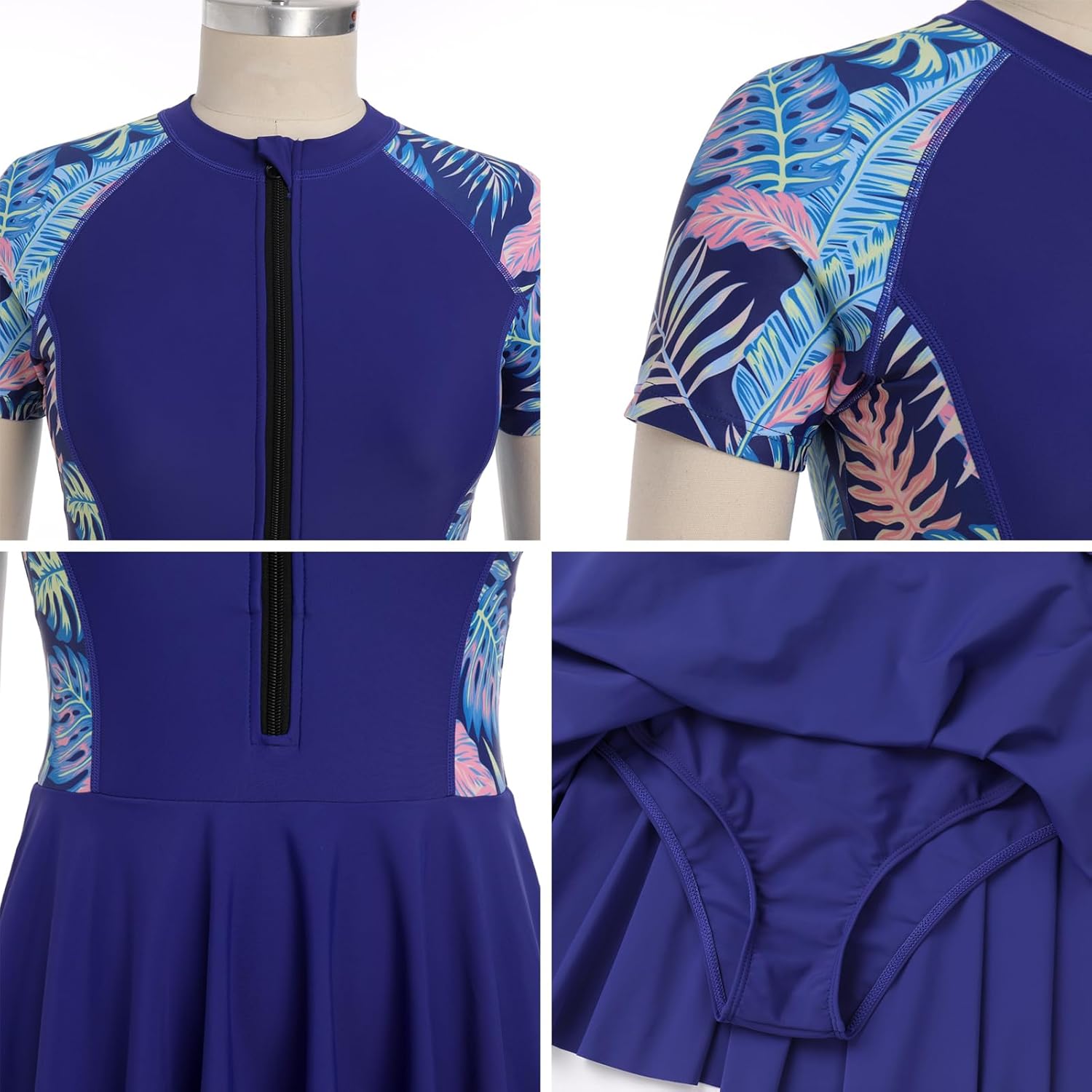 IDOPIP Women's One Piece Swimsuit Dress Tummy Control Swimwear Swimdress Leaves Print Rash Guard Zipper Surfing Bathing Suit - Image 4