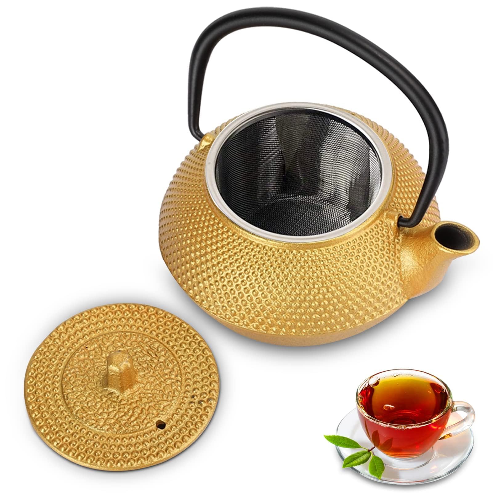 Agatige Metal Teapot, 300ml/10oz Stovetop Teapot Japanese Iron Kettle Gold Tea Kettle Brass Tea Kettle with Stainless Steel Removable Infuser, Boiling Kettle Stovetop Safe Tea Pot for Loose Leaf Tea