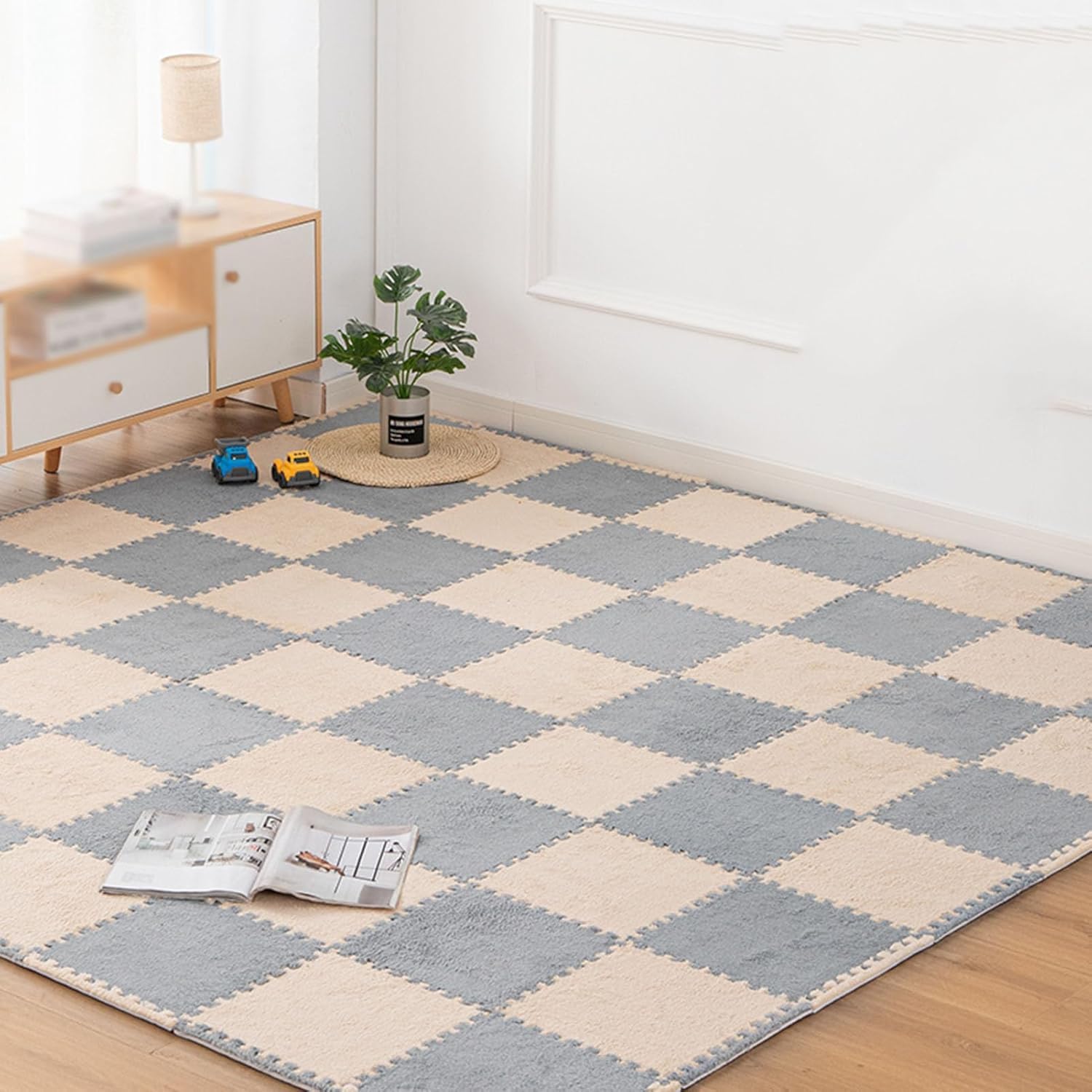 10pcs 12x12 Inch Interlocking Foam Rugs with Border, Square Plush Mats, Easy to Assemble Puzzle Mats (Apricot+Gray)