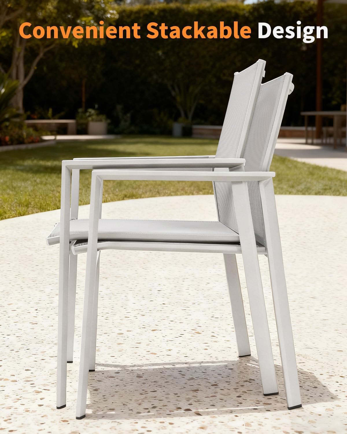 Stackable Patio Dining Chairs Set of 2, Never-Rust Aluminum Outdoor Dining Chairs Patio Chairs Set, Full-Wrap Textilene Stackable Dining Chairs with High Back for Deck, Lawn, Garden, Warm Gray