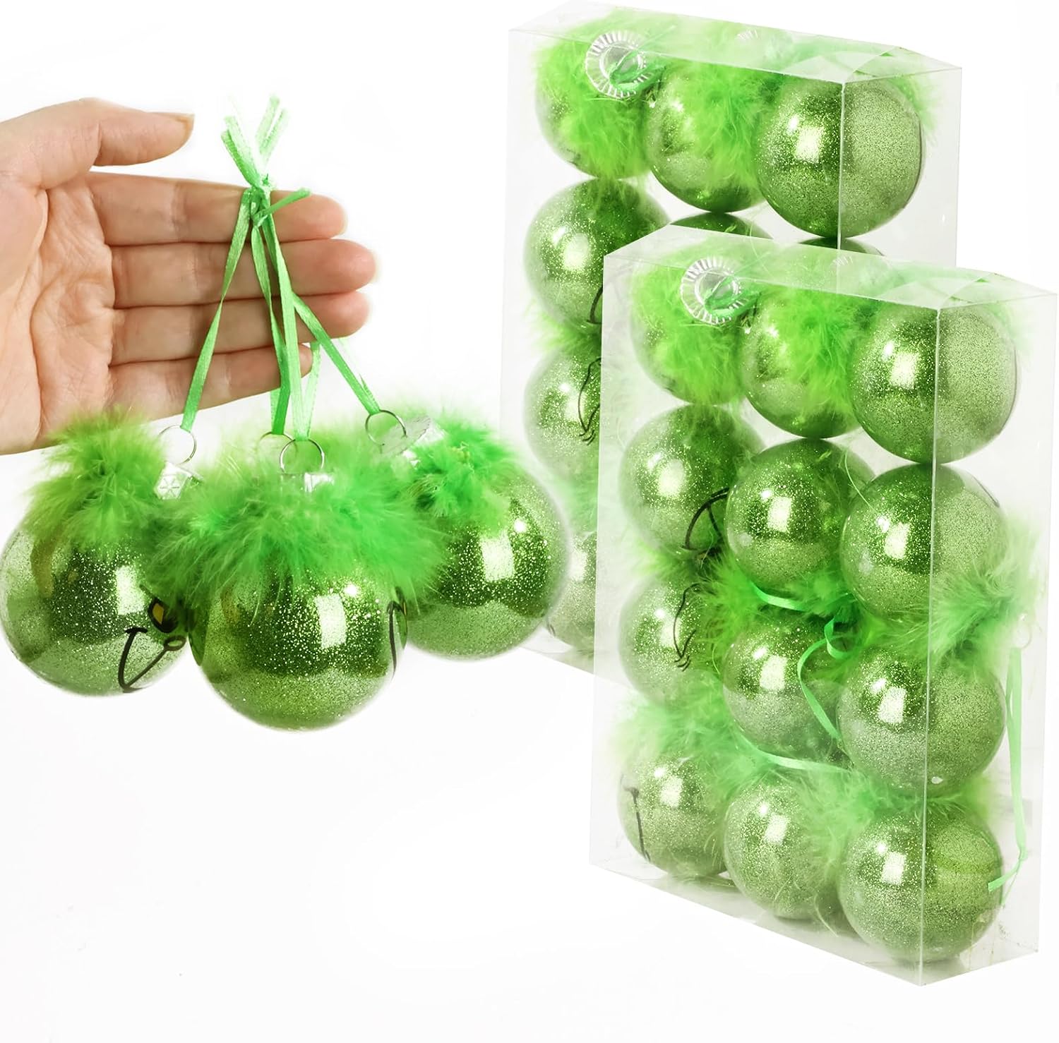 Christmas Tree Hanging Decorations: 24 Pcs Green Christmas Tree Ornaments with Fluffy Feather Hair, Cute Christmas Thief Themed Xmas Balls for Kids Gift, Home Tree Mantel Office Party Décor