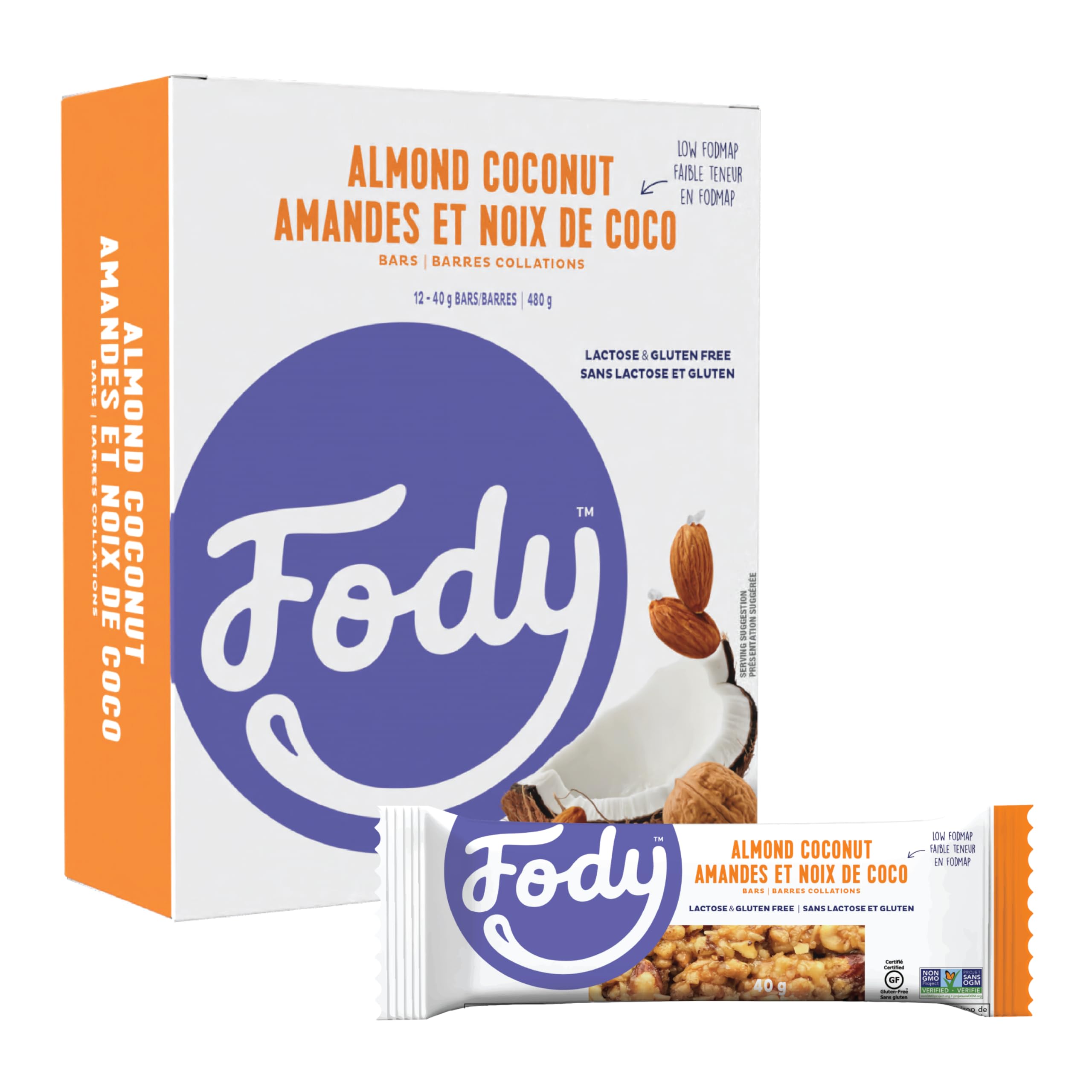 FodyFoods Snack Bars, Almond Coconut, 1.41 Oz (Pack of 12), 6g Protein, Low FODMAP, Gut & IBS Friendly, Vegan, Lactose Free, Non-GMO, Gluten Free