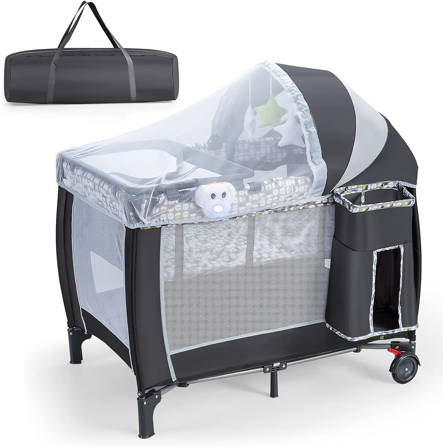 GOPLUS Cama Plegable con Ruedas, Cambiador y colchón, Cuna de Viaje con Lindos Juguetes y Bolsa de Transporte, Apta para bebés de 0 a 36 Meses, Carga máxima 15 kg, Gris