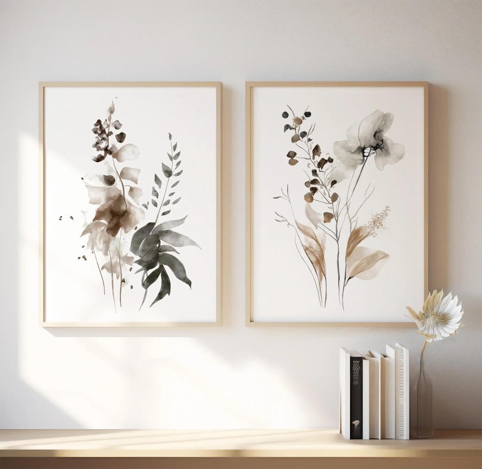 Baibexing Abstract Sepia Botanical Elegant Floral Foliage Minimalist Neutral Canvas Painting Posters Prints Wall Art For Living Room Home Decor 50X70Cmx2Pcs Unframed