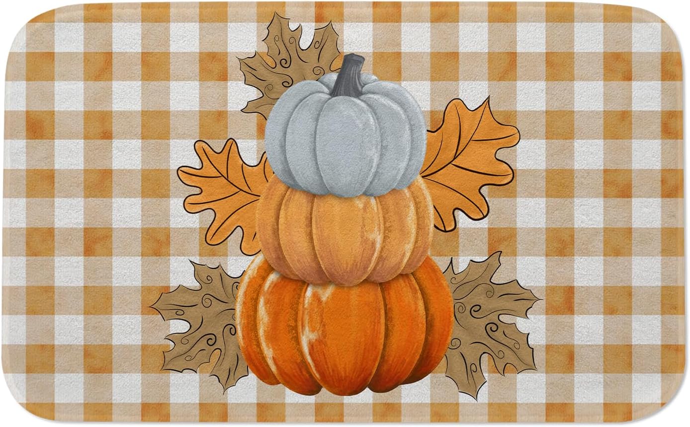 Fukeen Orange Buffalo Plaid Pumpkin Bath Mat - Non Slip Maple Leaves Shower Rug for Bathroom, Bedroom, Living Home