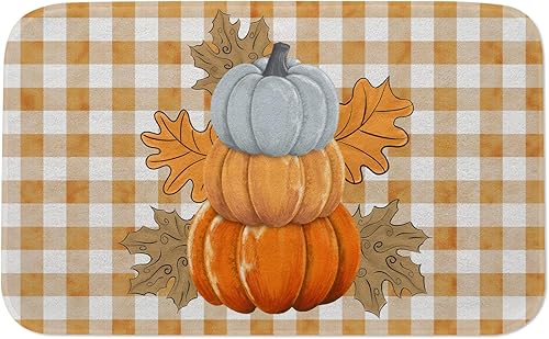 Alfombra de baño de otoño con calabaza naranja, hojas de arce, antideslizante, 20 x 32 pulgadas, alfombra de baño suave de cosecha de otoño,