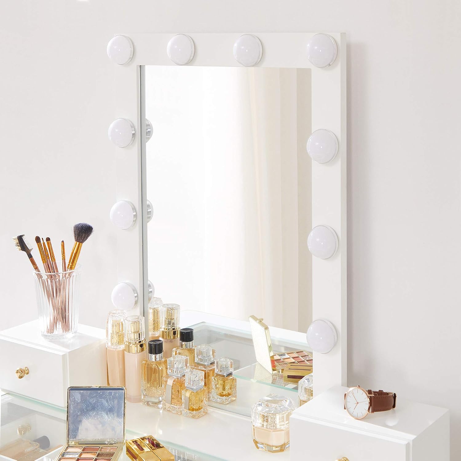 VASAGLE Vanity Set, Makeup Vanity Table with Mirror 10 Dimmable Light Bulbs, Cushioned Stool, 2 Large Drawers with Clear Tempered Glass Top and 2 Small Drawers, Gift Idea, White URDT172W01