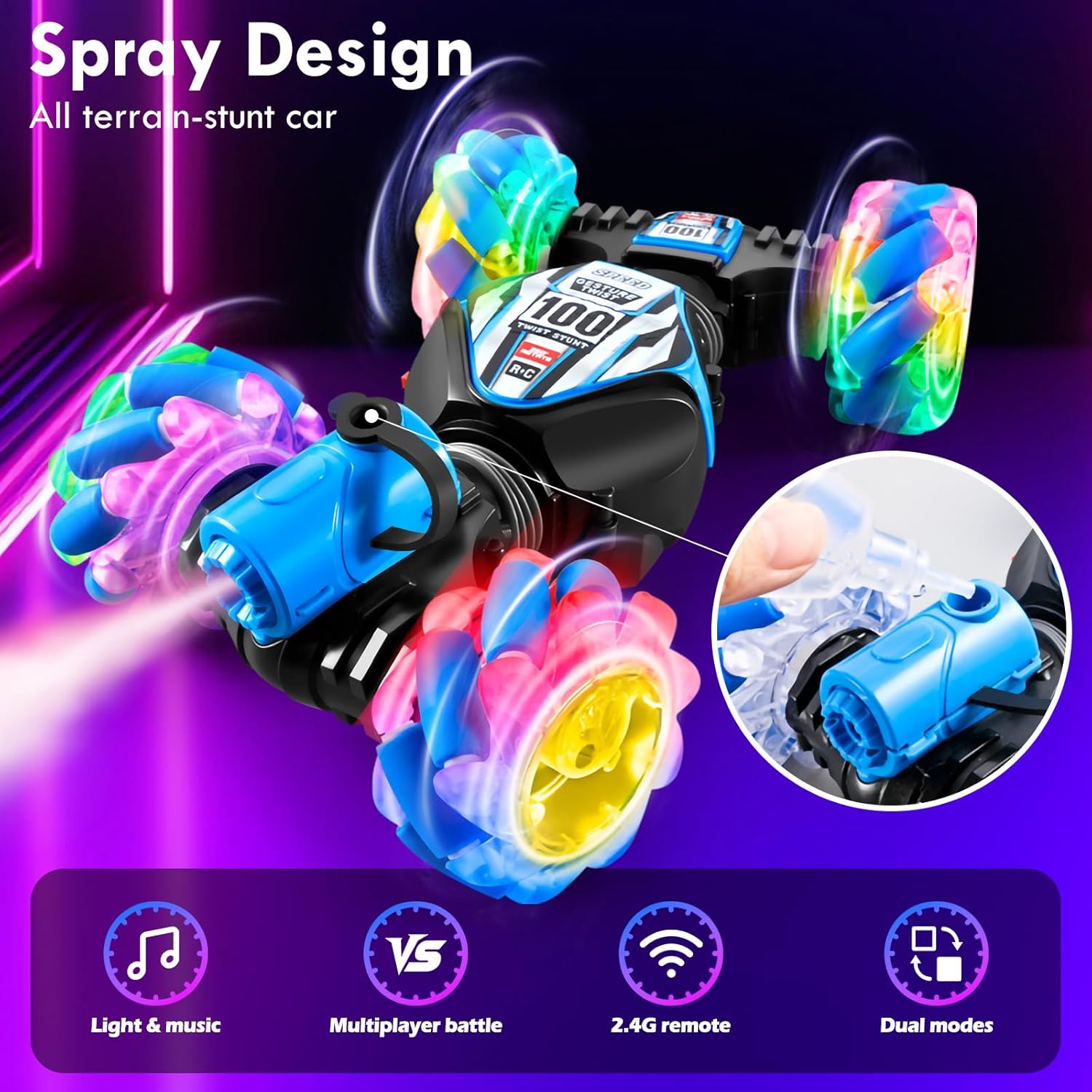 4WD Remote Gesture Sensor Car,Gesture Sensing RC Stunt Car,Remote Carwith Spray Effect LED Lights,All Terrain Off Road RC,2.4Ghz Hand,Birthday Kids Xmas Gifts
