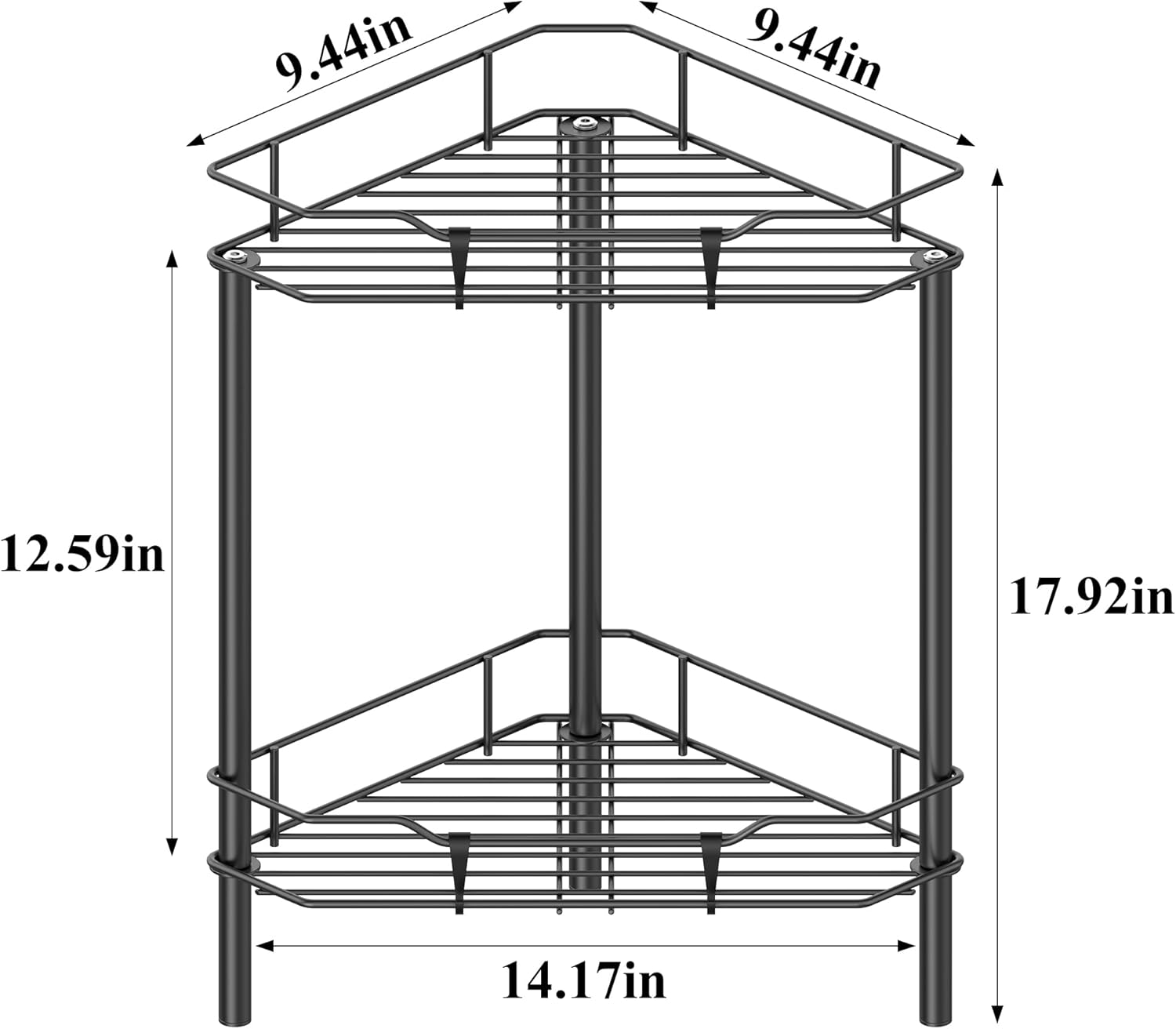 2 Tier Floor Standing Corner Shower Caddy Organizer Shelf with Hooks, Bathroom Shelves Stand Rack, Black