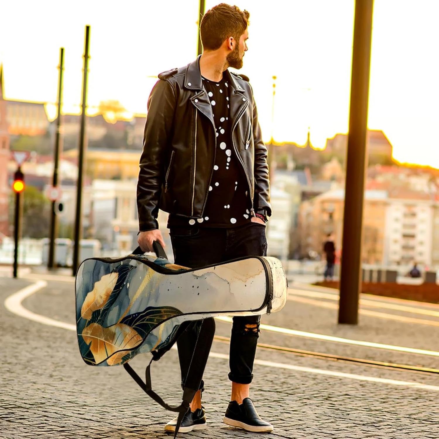 Acoustic Guitar Bag 0.4 Inch Thick Padding Waterproof Guitar Case Gig Bag for 40 41 42 Inch Electric Bass Classical Guitar, Abstract Gold Feather Art Background