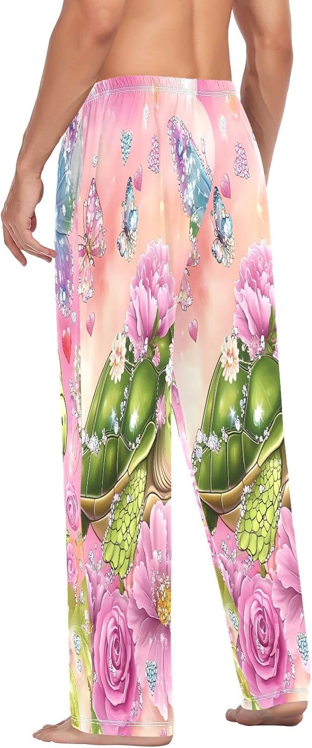 ALAZA Turtle Flowers Butterfly Dreamy Men's Pajama Pants Men Cotton Pajama Bottoms with Pockets, S