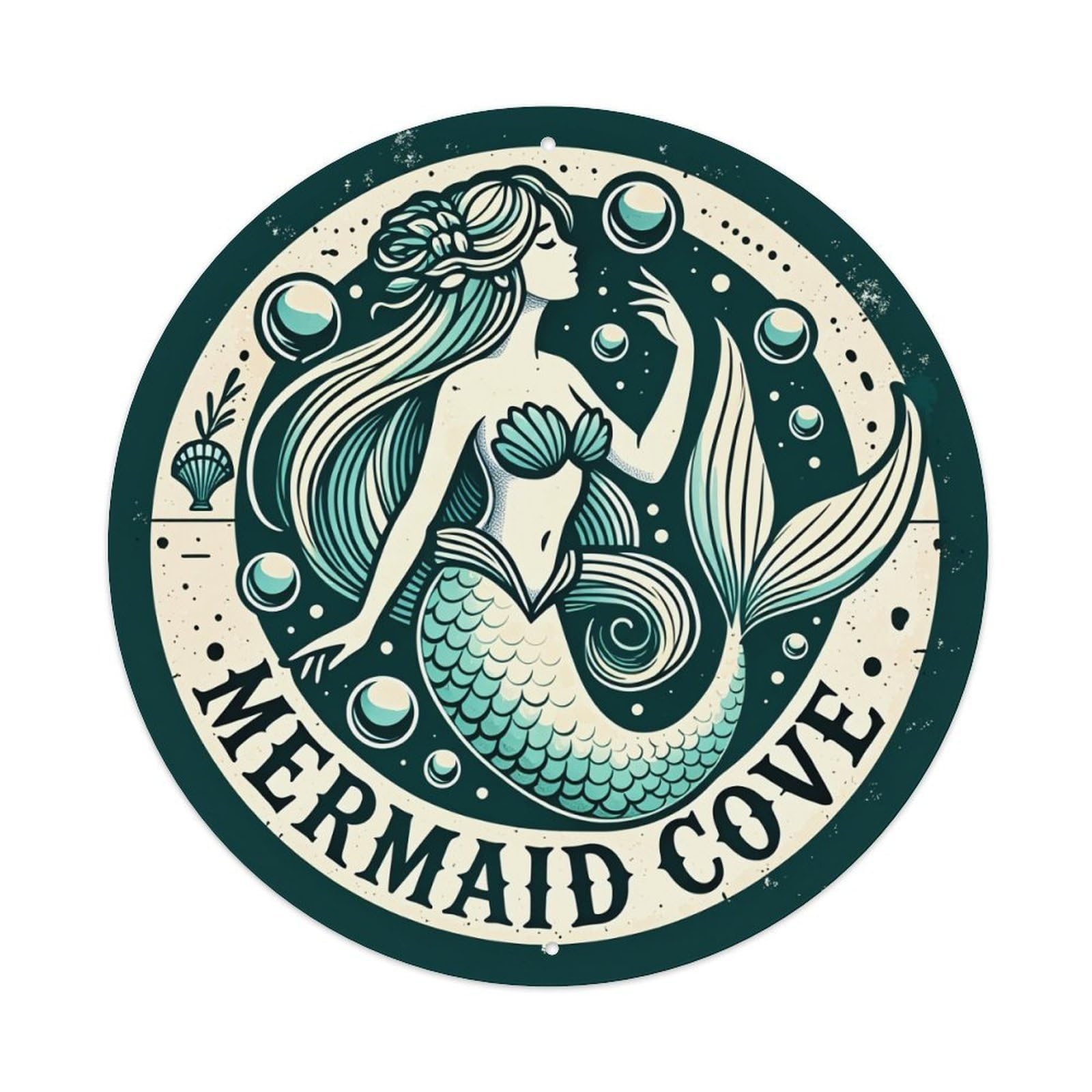Mermaid Cove Emblem Design Art Round Tin Sign Vintage Metal Poster, Home Bar Garage Man Cave Cafe Indoor & Outdoor Wall Decoration 8x8Inches