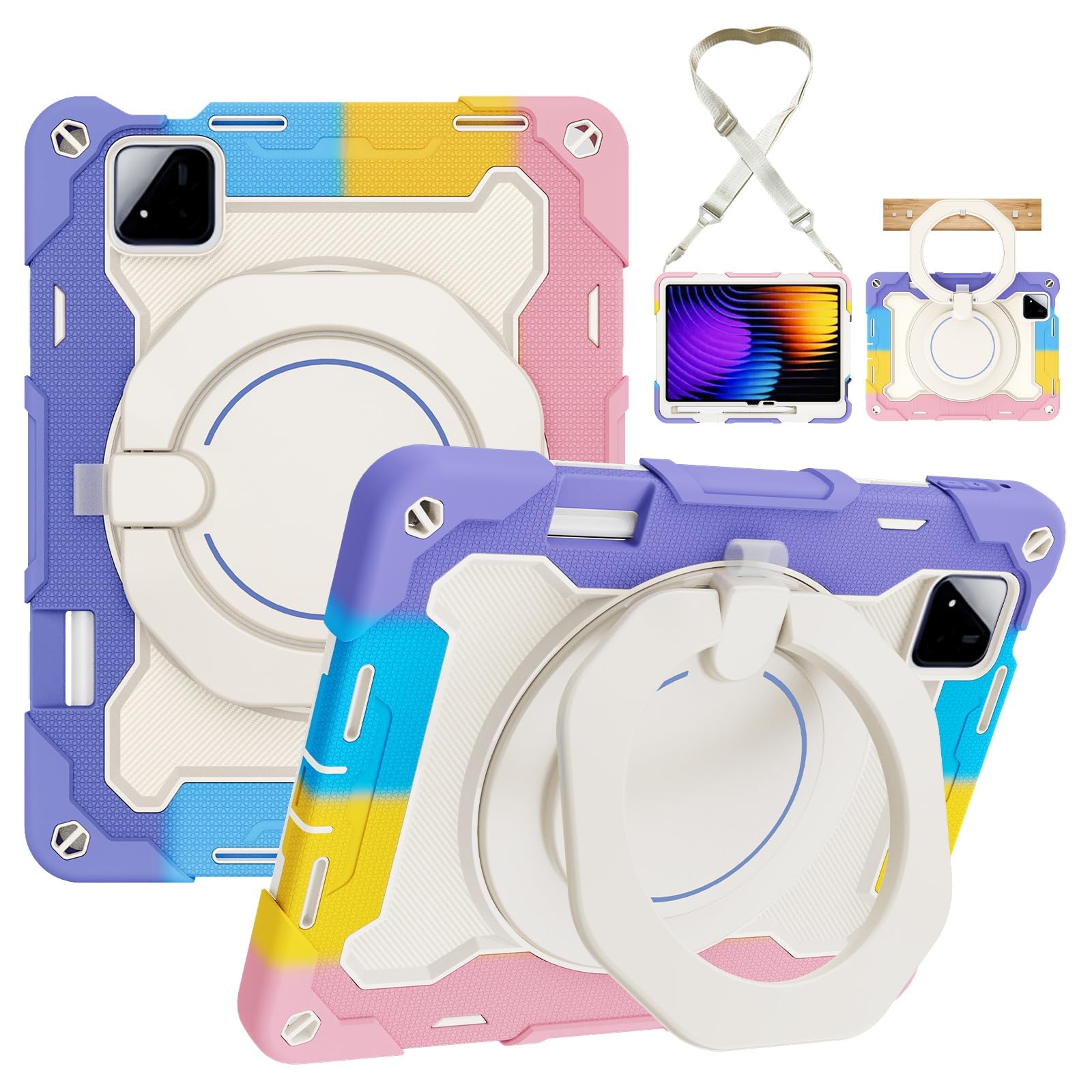 Wytrzymały futerał ochronny do Xiaomi Pad 8/8 Pro 11,2" 2026, podstawka obrotowa 360°, pasek na ramię, uchwyt ołówek i pierścień uchwytu, odporna wstrząsy osłona dla dzieci dorosłych(Pink Purple)