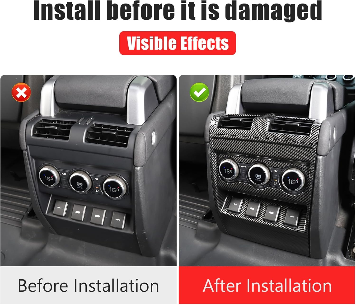 Rear Anti-Kick Cover for 2020-2025 2026 Land Rover Defender 90 110 130 Air Conditioning Vents Protective Cover Interior Panel Knob Trim Cover Tuning Supplies Accessories (Carbon Fiber Texture)