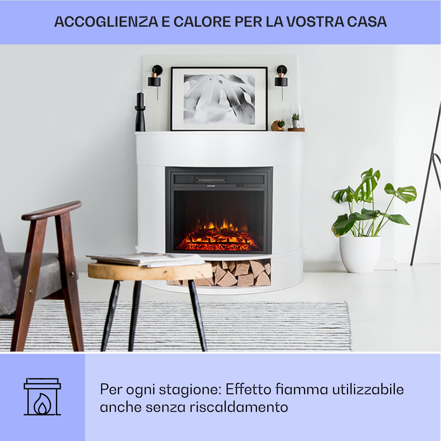 Klarstein Camino Elettrico Basso Consumo, Camino da Terra con Mensola, Elettrico da Parete, Caminetto 1800W, Finto Decorativo con LED, Telecomando, Timer, Controllo Temperatura