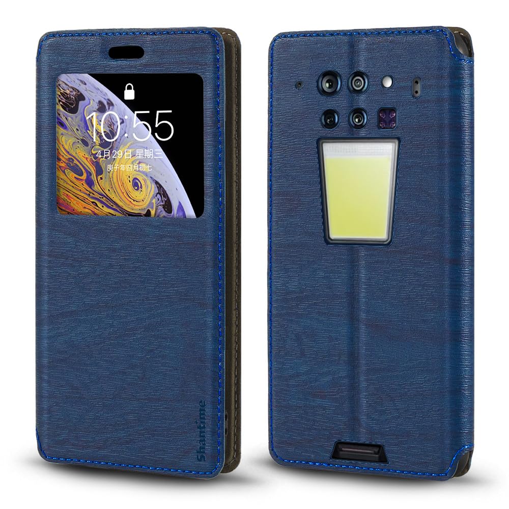 Shantime for Unihertz 8849 Tank 3 Case, Wood Grain Leather Case with Card Holder and Window, Magnetic Flip Cover for Unihertz 8849 Tank 3 (6.79”), Blue