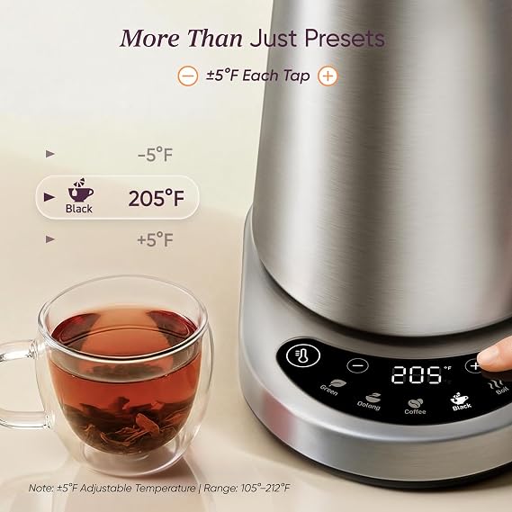 Cosori Stainless Steel Electric Kettle with Temperature Control, 1.7L | No Plastic Contact with Water, 5 Presets, 5F Temp Control, 60-Min Keep Warm, Dual Lid Opening, Tea, Coffee & Hot Water