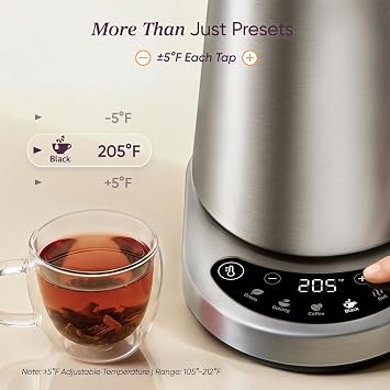 Cosori Stainless Steel Electric Kettle with Temperature Control, 1.7L | No Plastic Contact with Water, 5 Presets, 5F Temp Control, 60-Min Keep Warm, Dual Lid Opening, Tea, Coffee & Hot Water