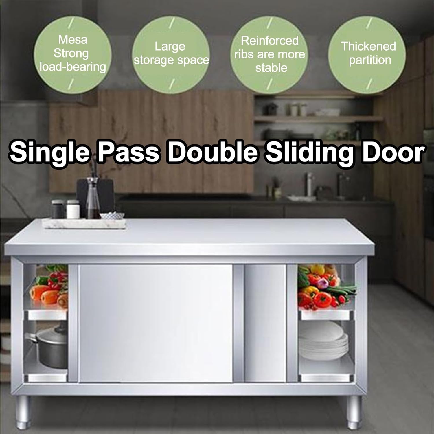 Stainless Steel Commercial Worktable with Sliding Doors - Heavy Duty Kitchen Prep Table, Cabinet for Garage, Home, Warehouse, and Kitchen