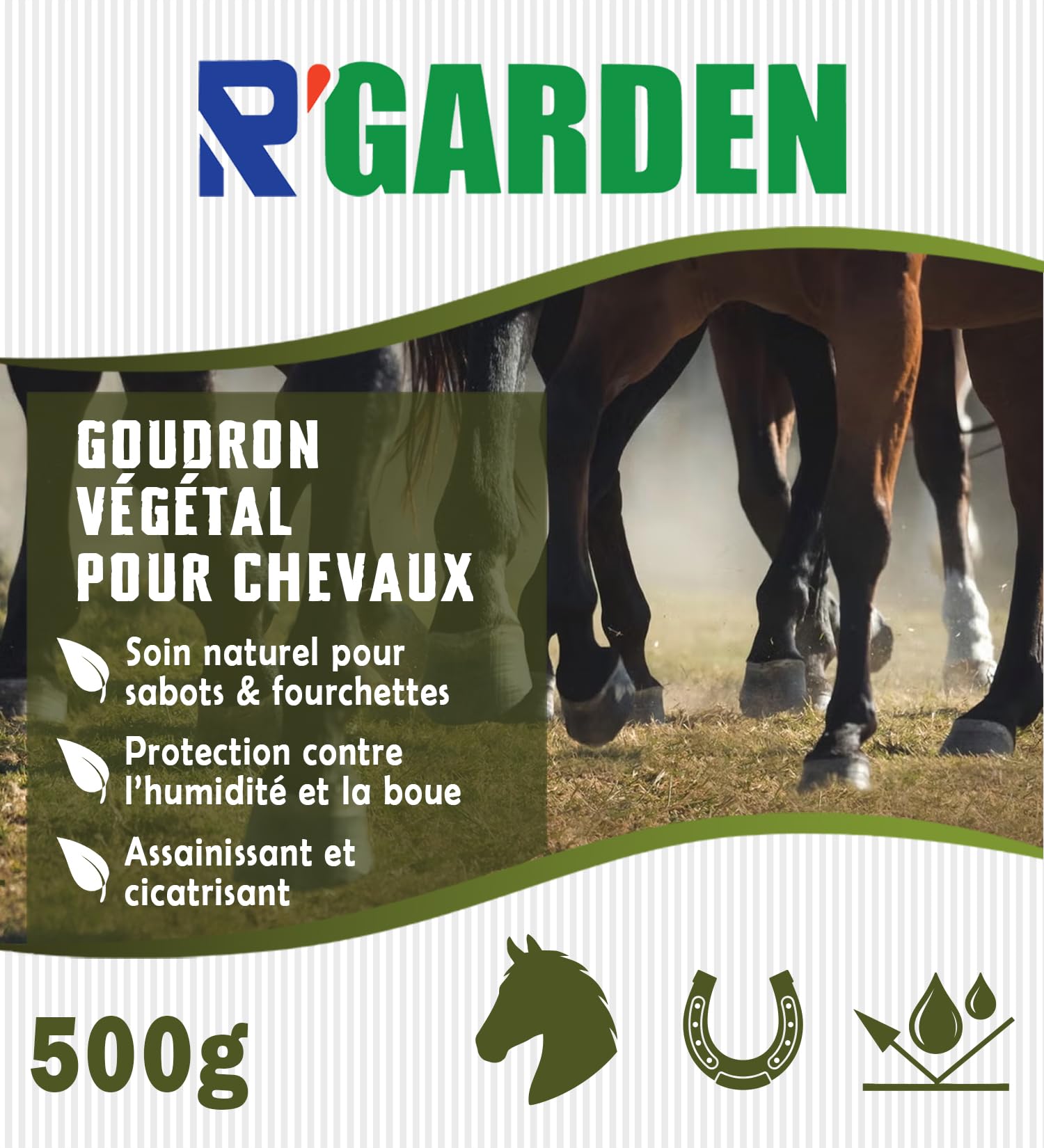 R'GARDEN - Goudron Végétal pour Chevaux – Soin Naturel pour Sabots & Fourchettes – Assainissant et Cicatrisant – Protection Contre l’Humidité et la Boue – Entretien Sabots – 500g